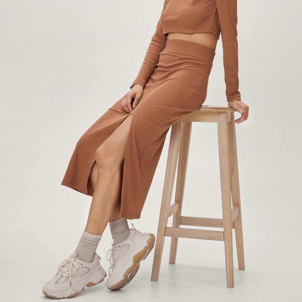 NastyGal Ribbed MIDI BodyCon Skirt Cut Out Slit with Knot & Tie String